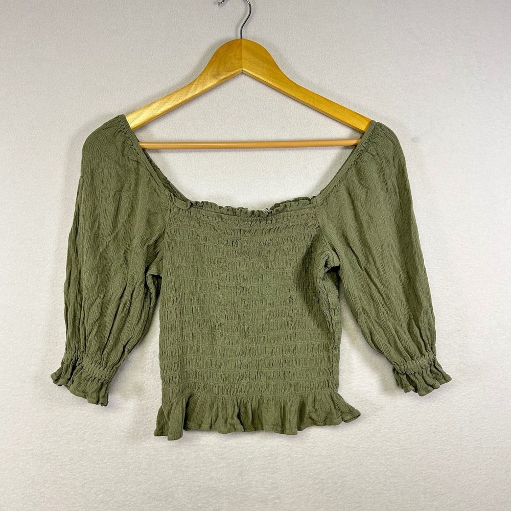 American Eagle Outfitters Olive Green Smocked Square Neck Peasant Top XS‎